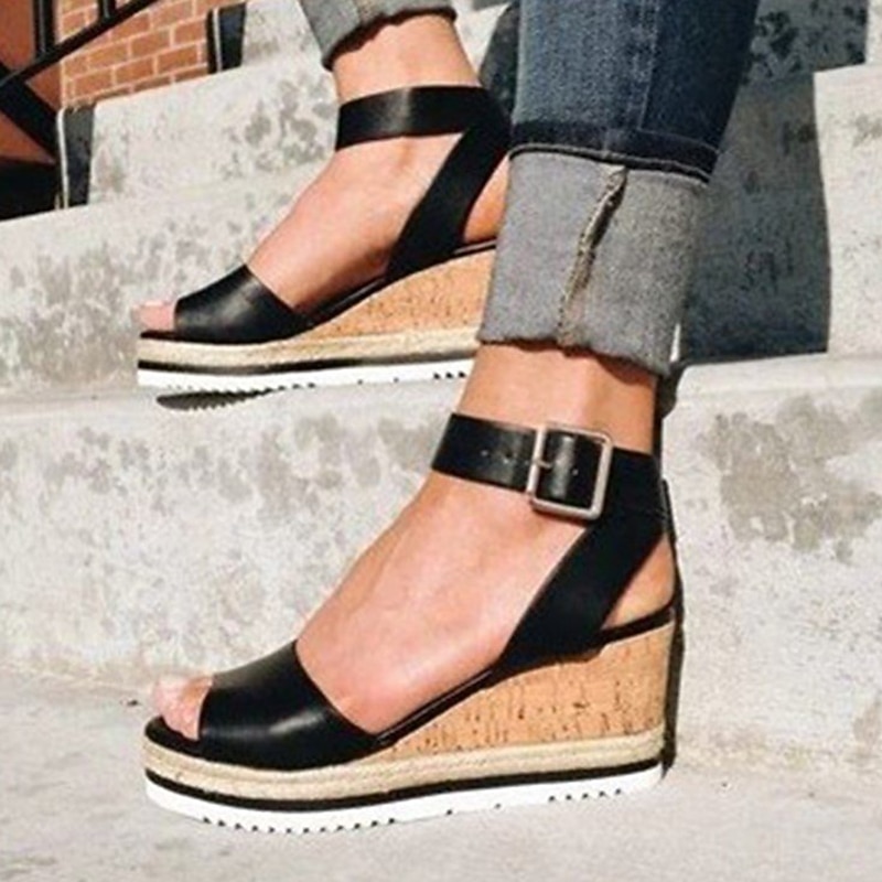 Women's White Cork Wedge Sandals with Ankle Strap – Casual Summer Platform Shoes for Everyday Wea4