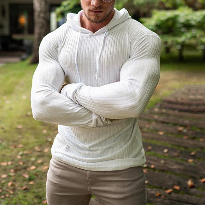 Men's Hoodie Black White Gray Hooded Solid Color Ribbed Textured Knit-texture Sports & Outdoor Polyester Active Winter Clothing Apparel Hoodies Sweatshirts  Long Sleeve Slim