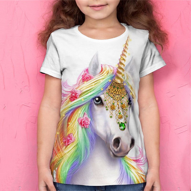 Girls' 3D Animal Unicorn T shirt Short Sleeve 3D Print Summer Spring Active Fashion Cute Kids 3-12 Years Outdoor Daily Regular Fit
