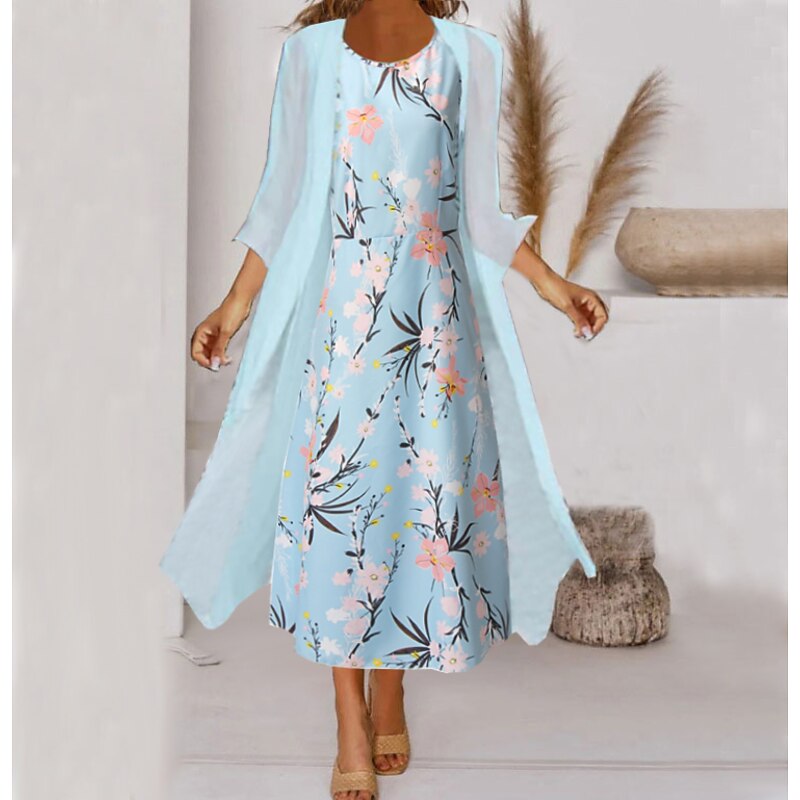 Women's Midi Dress Two Piece Dress Set Dress Light Green Light Blue 3/4 Length Sleeve Floral Print Summer Spring Crew Neck Elegant