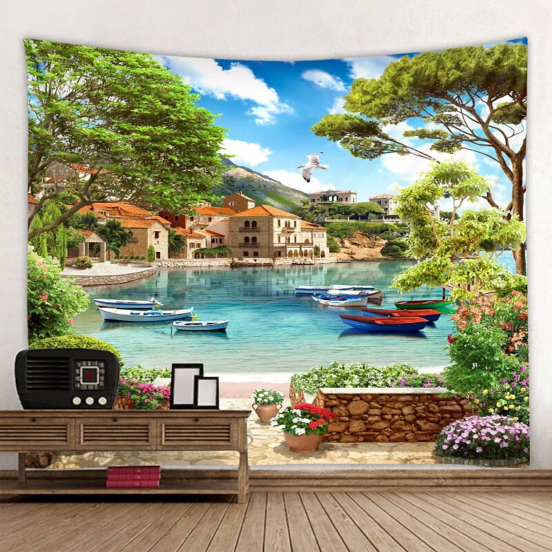 Beautiful Landscape Castle Ship Wall Hanging Tapestry Art Deco Blanket Curtain Hanging Home Bedroom Living Room Decor