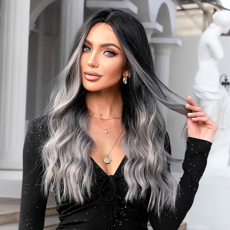 HAIRCUBE Ombre Black to Gray Wigs Natural Wavy Hair Wig Middle Part for Women Cosplay Synthetic Heat Resistant Fiber Daily Wigs Christmas Party Wigs