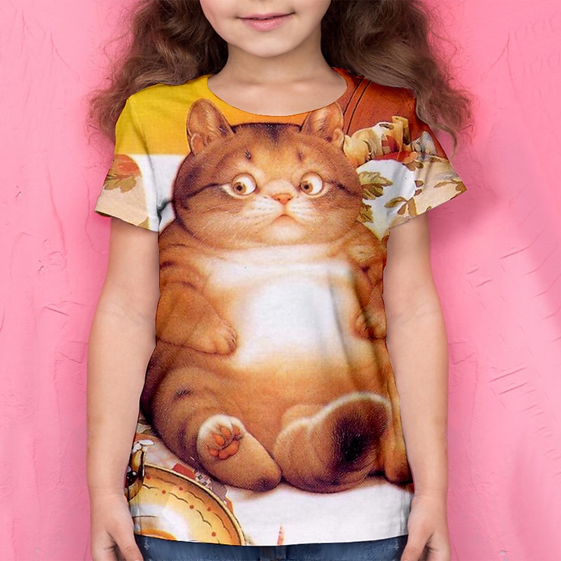 Girls' 3D Animal Cat T shirt Tee Short Sleeve 3D Print Summer Active Polyester Kids 4-12 Years School Daily Wear Regular Fit4