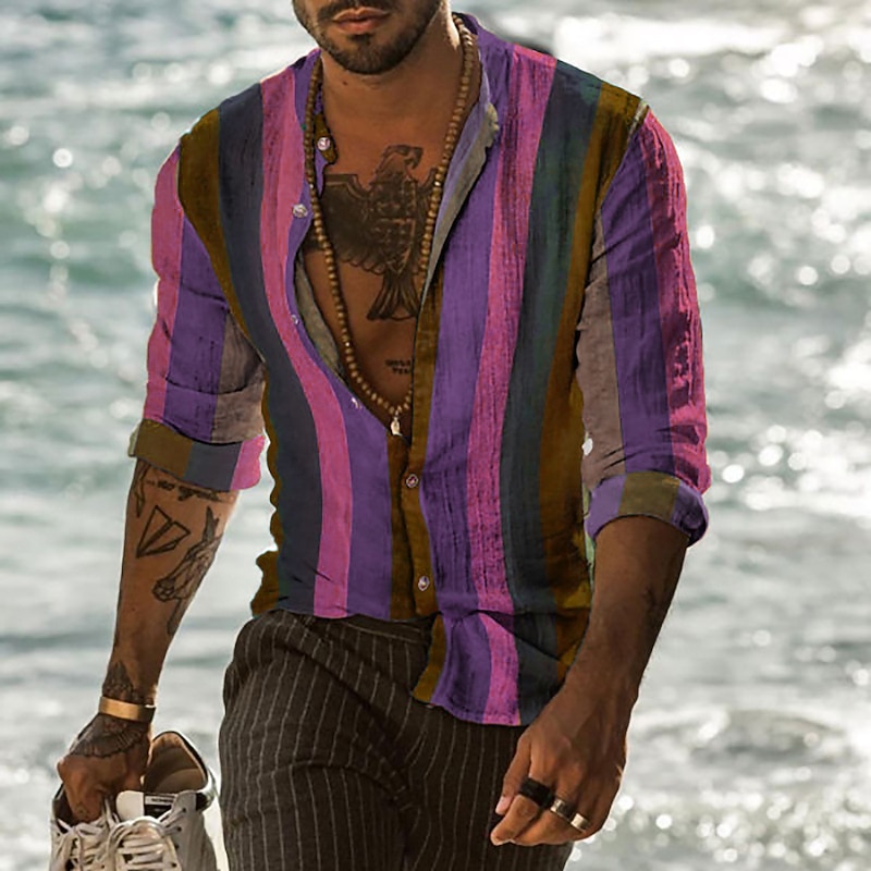 Men's Striped Geometric Pattern Shirt Button Up Shirt Long Sleeve Fashion Designer Casual Outdoor Daily Fall Winter Collar Print Button-Down Light Green Pink Red Purple Green3