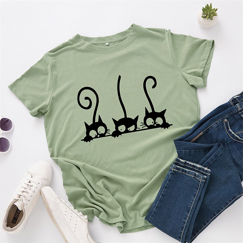 Women's T Shirt Burgundy Tee Blouse Cat Basic Short Sleeve Crew Neck Regular Tops Vacation Daily Going out Print White Yellow Pink Wine Red Summer Spring4