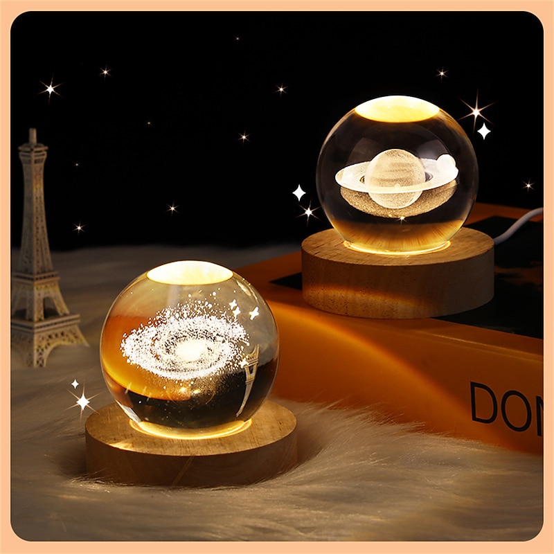 Glowing Planetary Galaxy Crystal Ball Night Lights USB Power Warm White Bedside Light Christmas Kid Gift Night Lamp