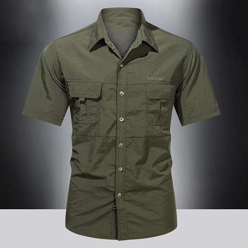 Men's Shirt Work Shirt Button Up Shirt Cargo Shirt Army Green Khaki Gray Short Sleeve Plain Turndown Outdoor Street Button-Down Clothing Apparel 100% Cotton Fashion Casual Breathable Comfortable2