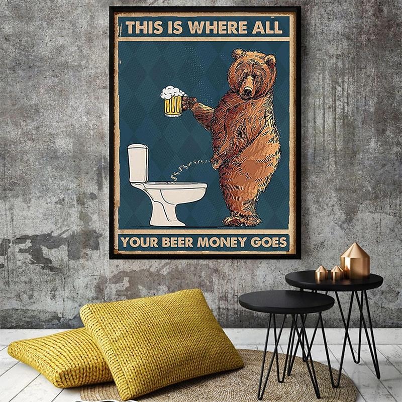 Grumpy Bear Drinking Beer Prints Poster Abstract Wall Art Canvas Modern Canvas Painting Print Picture Bathroom Toilet Nordic Home Decor Frameless