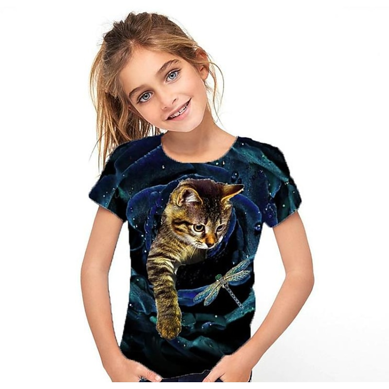 Girls' 3D Graphic Animal Cat Tee Short Sleeve 3D Print Active Cute Kids 3-12 Years4