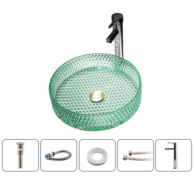 Bathroom Vessel Sink with Chrome Faucet,Wash Basin Glass Countertop Cylinder Wash Basin Hand Washbasin Worktop Installation Glass Basin Set with Chrome Brass Tap 18