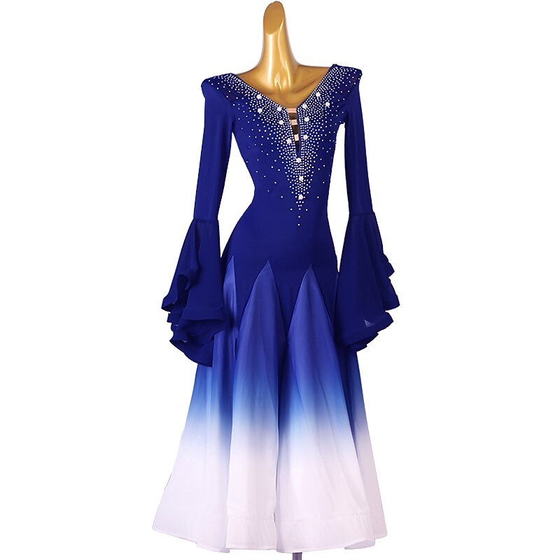 Ballroom Dance Dress Crystal / Rhinestone Pearls Women's Training Performance Long Sleeve High Chinlon Chiffon3