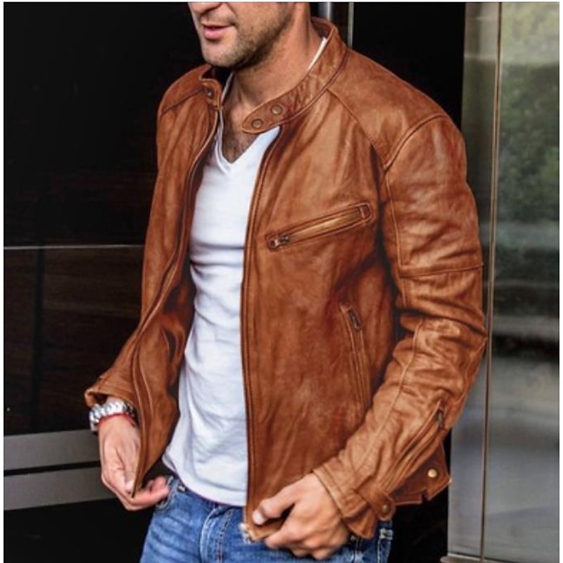 Men's Faux Leather Jacket Biker Jacket Red Leather Jacket Motorcycle Jacket Business Causal Thermal Warm Rain Waterproof dark brown Black Red Wine Brown Jacket