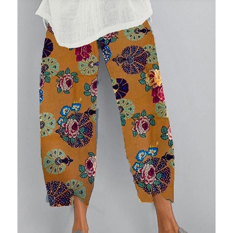 Women's Normal Chinos Slacks Pants Trousers Hawaiian Ethnic Style Ankle-Length Mid Waist Graphic Prints Flower / Floral Elastic Waist Sporty Baggy Comfort Micro-elastic Casual Daily Yellow Red Navy3