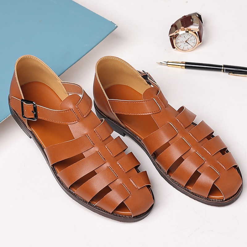 Men's Brown Faux Leather Closed-Toe Fisherman Sandals with Buckle Strap – Casual Breathable Summer Shoes for Outdoor and Daily Wear3