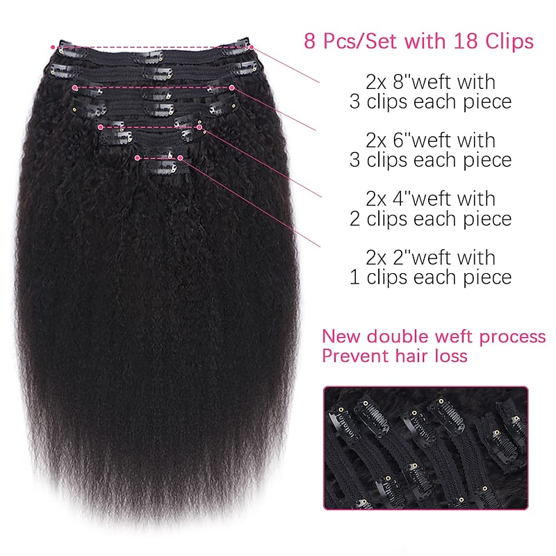 Clip in Hair Extensions Human Hair Kinky Straight Silky Virgin Hair Clip in Full Head 18 Inch Unprocessed Brazilian Remy Human Hair for Black Women 8pcs with 18 Clips 120 Gram Per Set2