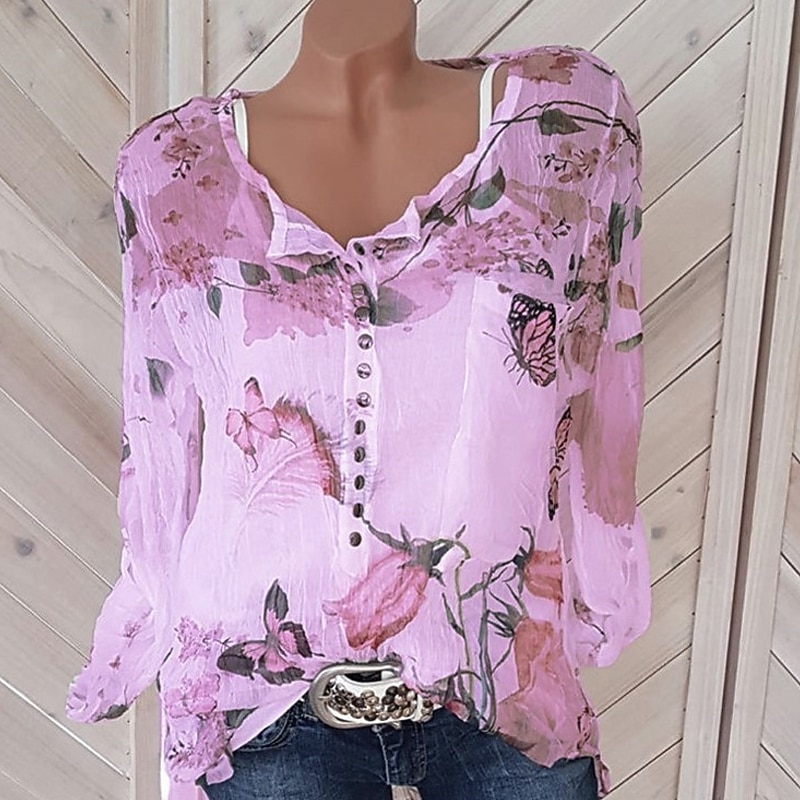 Women's Shirt Blouse Streetwear Holiday Casual Floral Buttons Print Long Sleeve Regular Tops Shirt Collar Daily Going out Weekend White Purple Orange Green Summer Spring Fall3