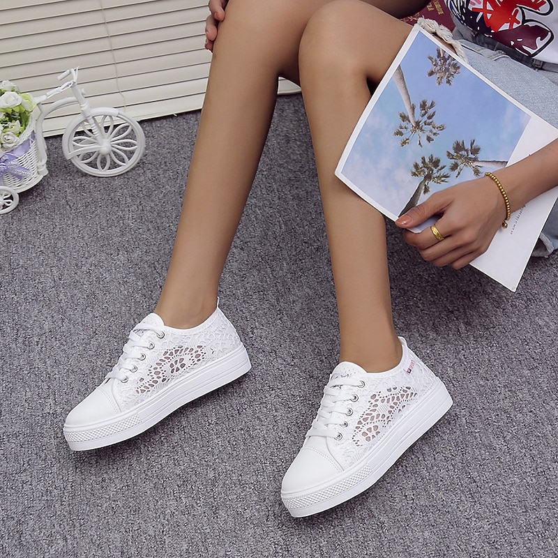 Women's White Lace Casual Sneakers with Breathable Mesh Design for Everyday Comfort and Style2