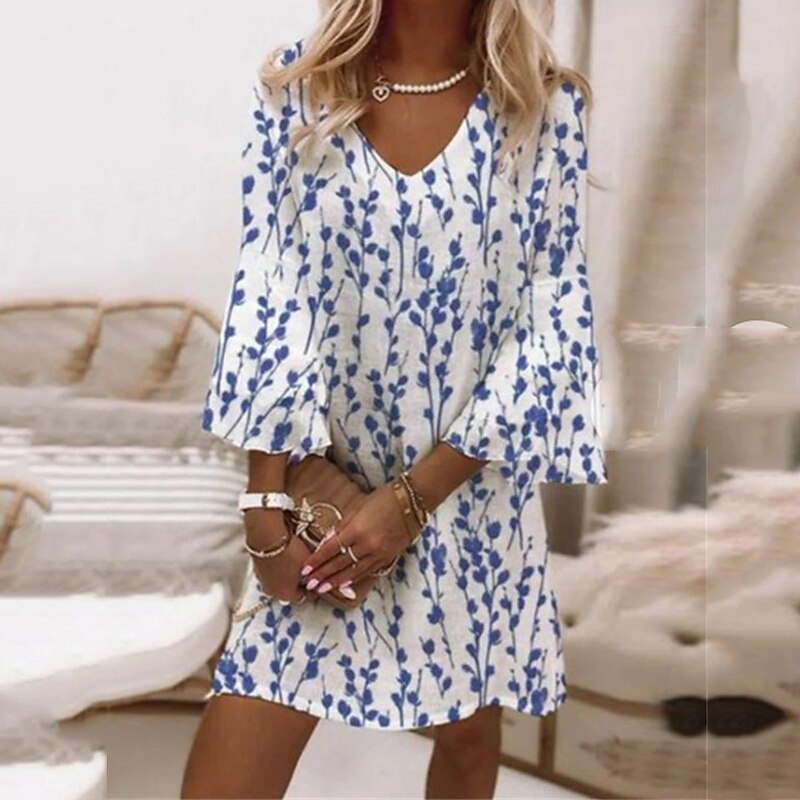 Women's Mini Dress Casual Dress Semi Formal Dress Petite Dress Sundress Elegant Vacation Basic Ruffle Sleeve Outdoor Vacation Daily Regular Fit Floral 3/4 Length Sleeve V Neck Pink Blue3