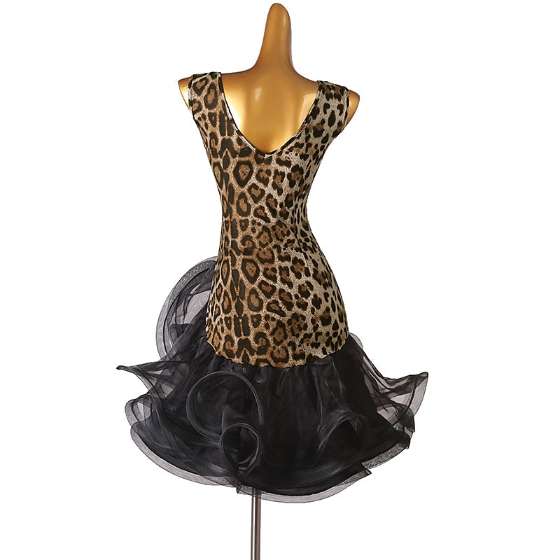 Dance Salsa Latin Dance Dress Leopard Print Ruffles Women's Training Sleeveless High Spandex4