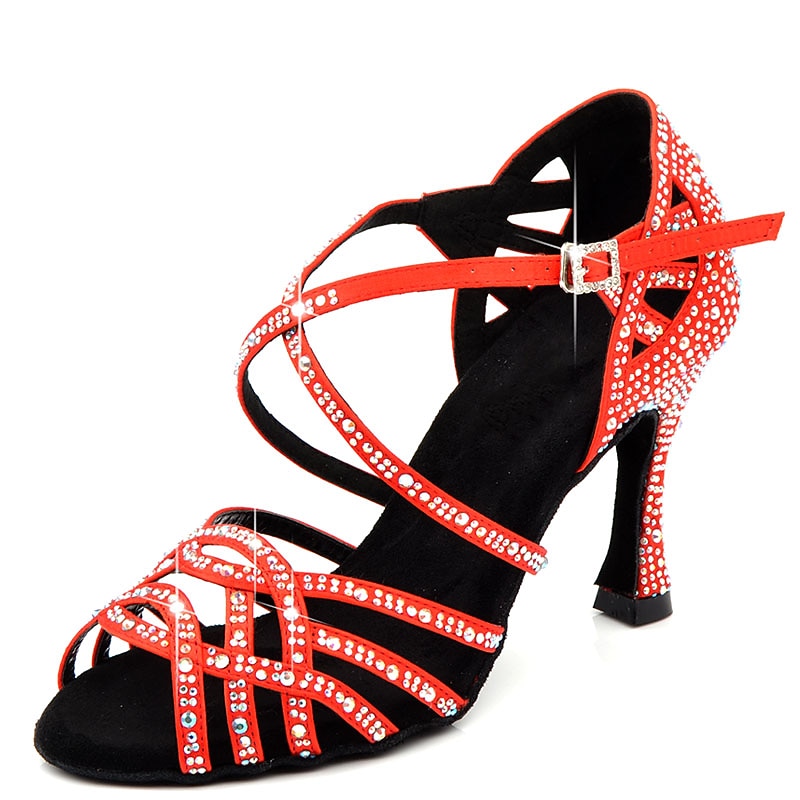Women's Latin Dance Shoes Salsa Shoes Dance Shoes Performance Indoor Glitter Crystal Sequined Jeweled Heel Peep Toe Buckle Cross Strap Adults' Almond Black Red4