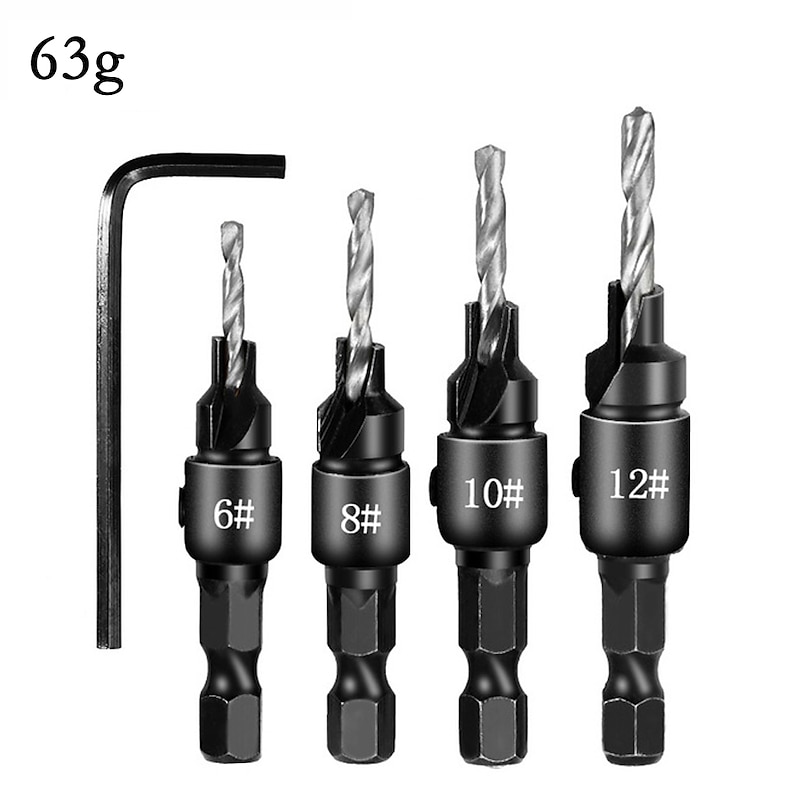 4pcs Drill Bits HSS Hexagon Shank Countersunk Tapper Tool Woodworking Wood Pilot Hole Size #6 #8 #10 #12 With 1 Wrench2