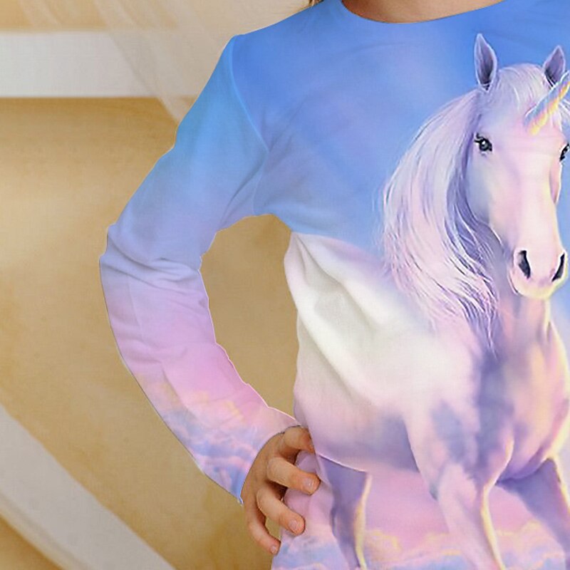 Kids Girls' Unicorn 3D Print  T shirt Tee Long Sleeve Animal Print Blue Children Tops Fall Active School Daily Wear Regular Fit 4-12 Years3