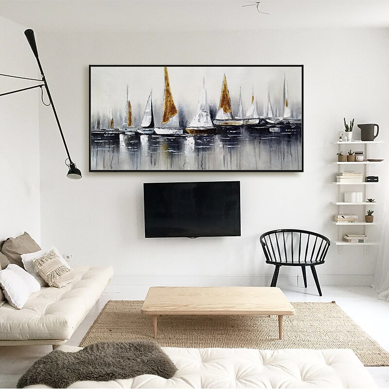 Oil Painting 100% Handmade Hand Painted Wall Art On Canvas Abstract Horizontal Abstract Ocean Sailboat Landscape Modern Home Decoration Decor Rolled Canvas No Frame Unstretched4