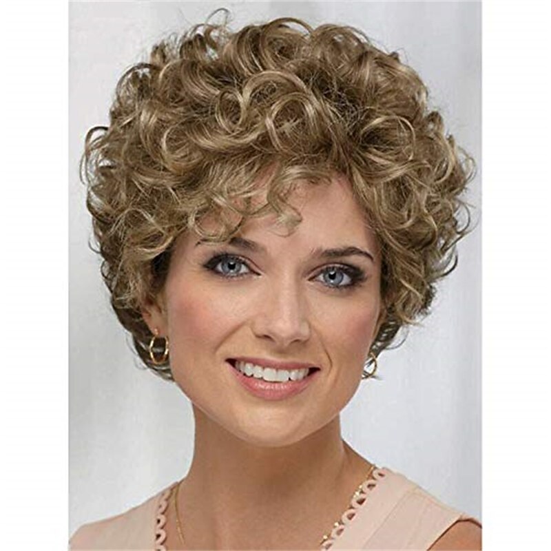 Short Curly Wavy Blonde Brown Wigs for Women Natural Looking Synthetic Hair Replacement Wi