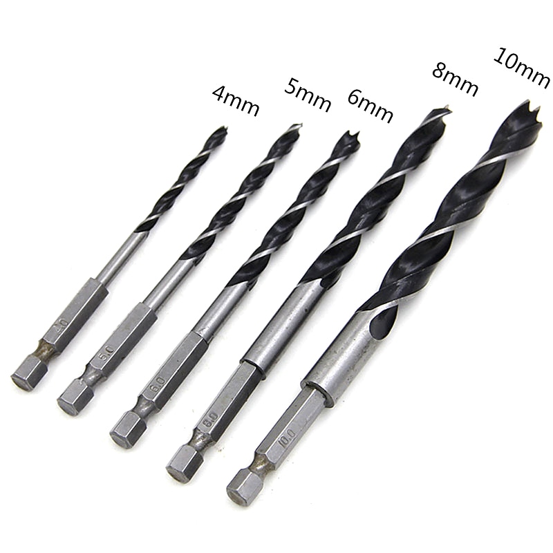 5pcs Quick Change Hex Shank HCS Twist Drill Bit Three Flutes Hardware Set 4mm 5mm 6mm 8mm 10mm Wood DIY Tools2