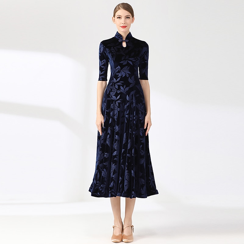 Ballroom Dance Dress Printing Women's Performance Training Half Sleeve High Velvet2