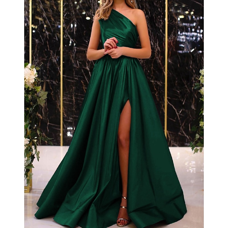 A-Line Evening Gown Elegant Dress Wedding Guest Engagement Floor Length Sleeveless One Shoulder Satin with Pleats Slit3