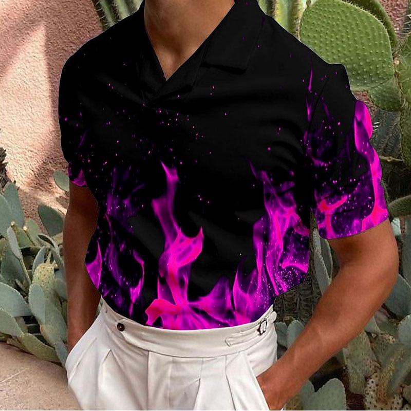 Men's Flame Polo Shirts Golf Shirt Short Sleeve Shirt Turndown Casual Daily 3D Print Fuchsia Green Print Button-Down Clothing Apparel Fashion Designer Casual Breathable3