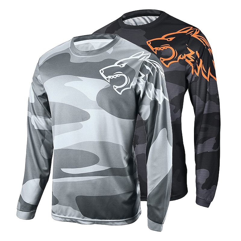 Men's Downhill Jersey Long Sleeve Mountain Bike MTB Road Bike Cycling Black Yellow Blue Wolf Camo / Camouflage Bike Jersey Breathable Quick Dry Polyester Spandex Sports Wolf Camo / Camouflage
