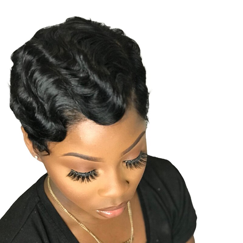 Full Machine Made Wigs Short Finger Waves Hairstyles Remy Human Hair Wavy Pixie Cut None Lace Wig  Brown Natural Dark Brown2