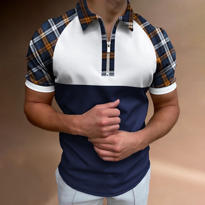 Men's Golf Shirt Polo Business Casual Quarter Zip Short Sleeve Fashion Casual Plaid Color Block Zipper Summer Spring Regular Fit Blue Dark Green Green Golf Shirt3