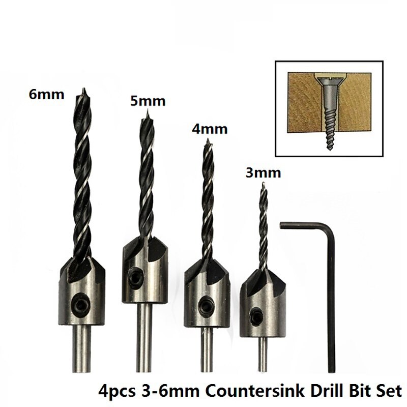 4pcs/set Drill Bit Set HSS 5 Flute Countersink 3mm-6mm High Speed Steel Chamfer Reamer Woodworking Power Tools3