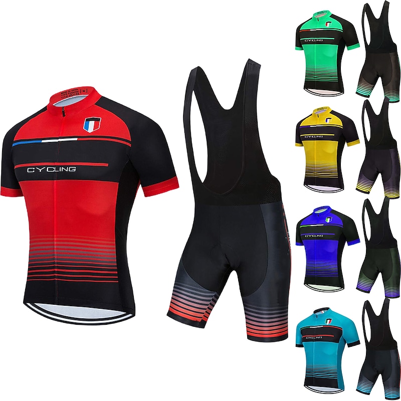 Men's Cycling Jersey with Bib Shorts Short Sleeve Mountain Bike MTB Road Bike Cycling Red Green Stripes Bike Clothing Suit 3D Pad Breathable Quick Dry Back Pocket Polyester Spandex Sports Stripes