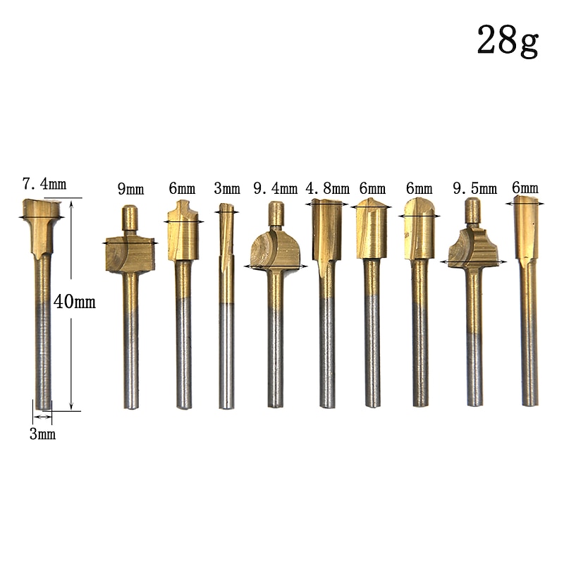 10PCS Titanium  Router Bits Set Mini Shank High Speed Steel Drill Bits Files Rotary For Woodden Cutter Tools2