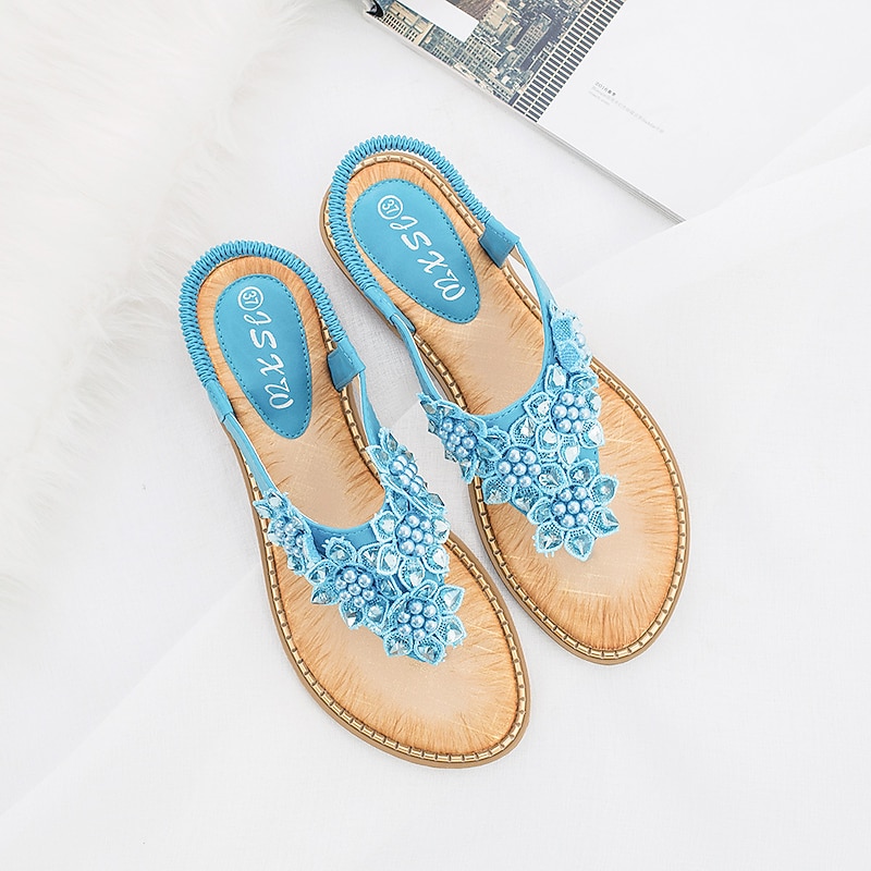 Women's Boho Floral Beaded Sandals – Casual Elastic Strap Summer Flip-Flops with Embellished Design for Beach or Casual Outfits3