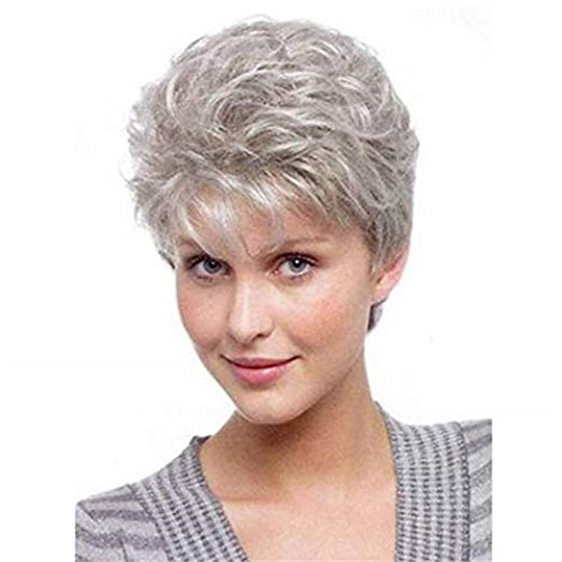 Short Fluffy Curly Wavy Hair Natural Grey Synthetic Wigs With Bangs for Women With Wig Cap 13.3 Inch