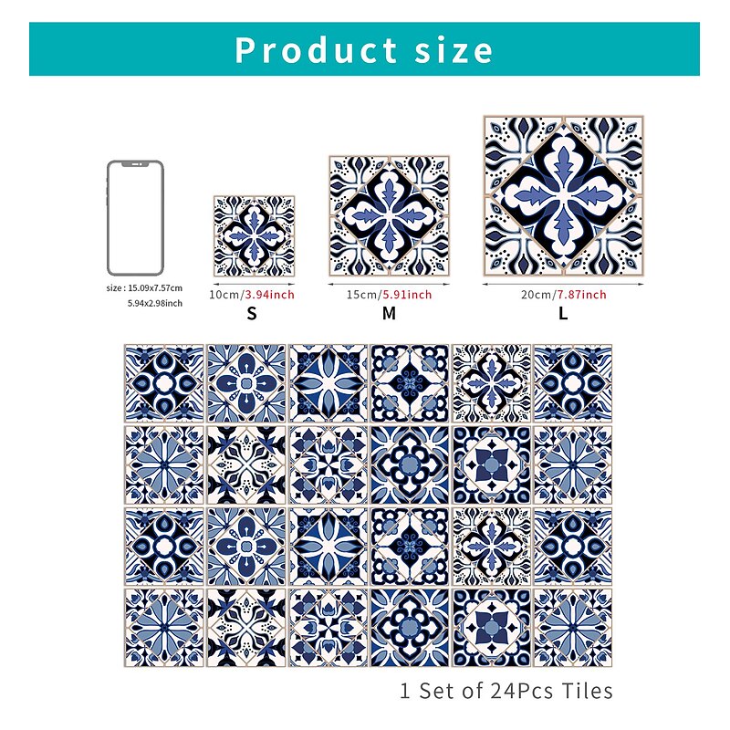 24/48pcs Waterproof Creative Kitchen Bathroom Living Room Self-adhesive Wall Stickers Waterproof Fashion Blue Nordic Tile Stickers4