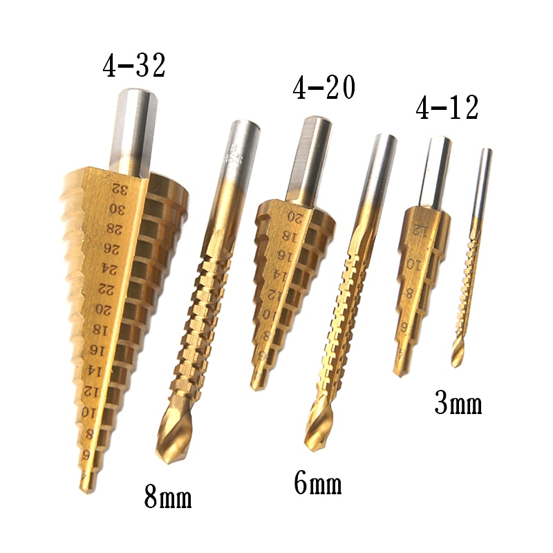 6 Pcs Titanium Plating Drill Bit Set 2022 High Speed Reaming Pagoda Sawtooth Set Premium Metal Step Drill Bit Multiple Hole Stepped Up Bits for DIY Lovers 6