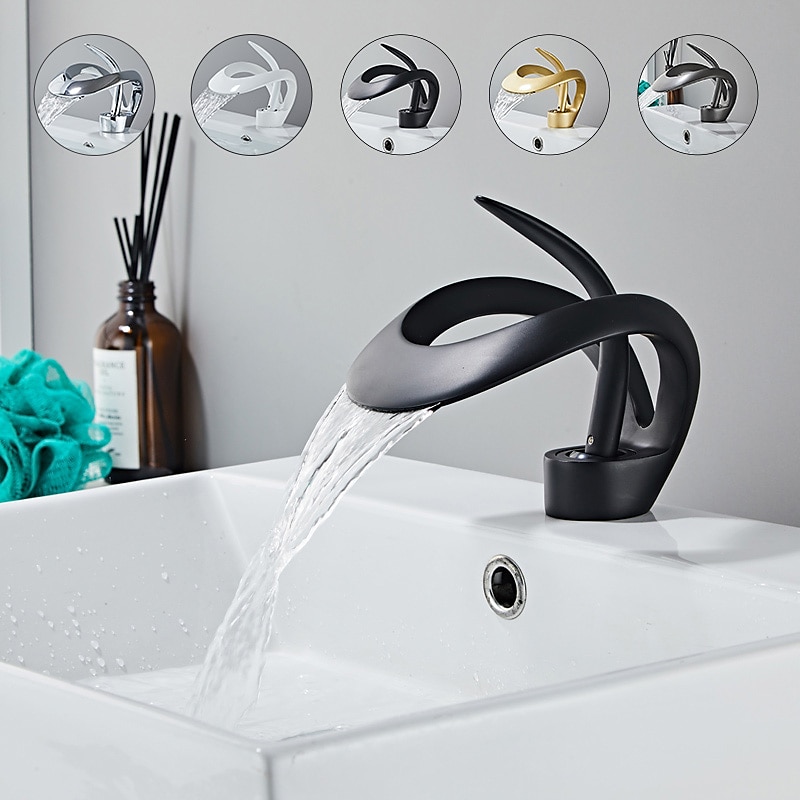 Black Bathroom Sink Mixer Faucet Waterfall Spout, Brass Basin Taps Single Handle One Hole Vessel Bathroom Tap with Hot and Cold Switch Golden Grey Chrome2