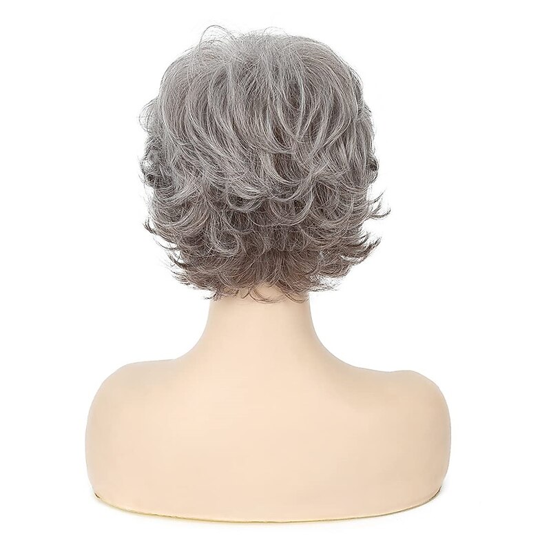 Short Curly Fluffy Wig Silver Mixed Brown Layered Messy Shaggy Synthetic Hair Wig for Women Old Lady4