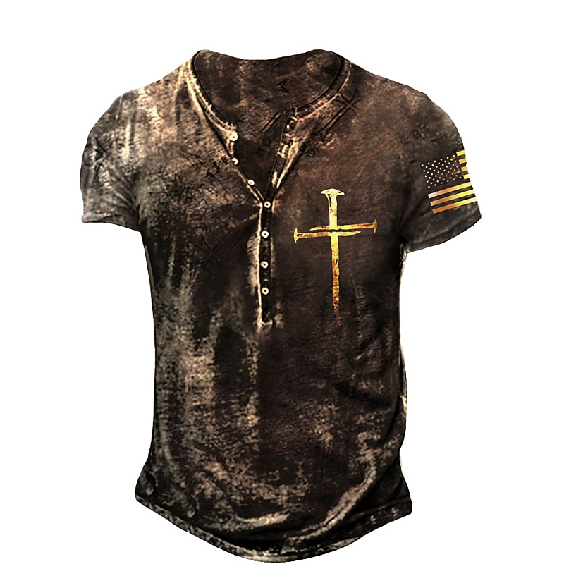 Men's Graphic Cross American Flag T Shirt Henley Shirt Tee Short Sleeve 3D Print Designer Basic Casual Outdoor Daily Sports Summer Black-White Blue Brown Light Grey Henley Henley T-Shirt