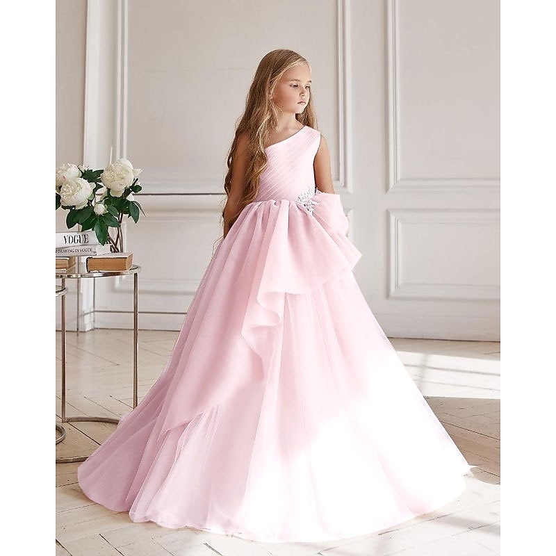 A-Line Floor Length Flower Girl Dress First Communion Cute Prom Dress Chiffon with Ruffles Fit 3-16 Years