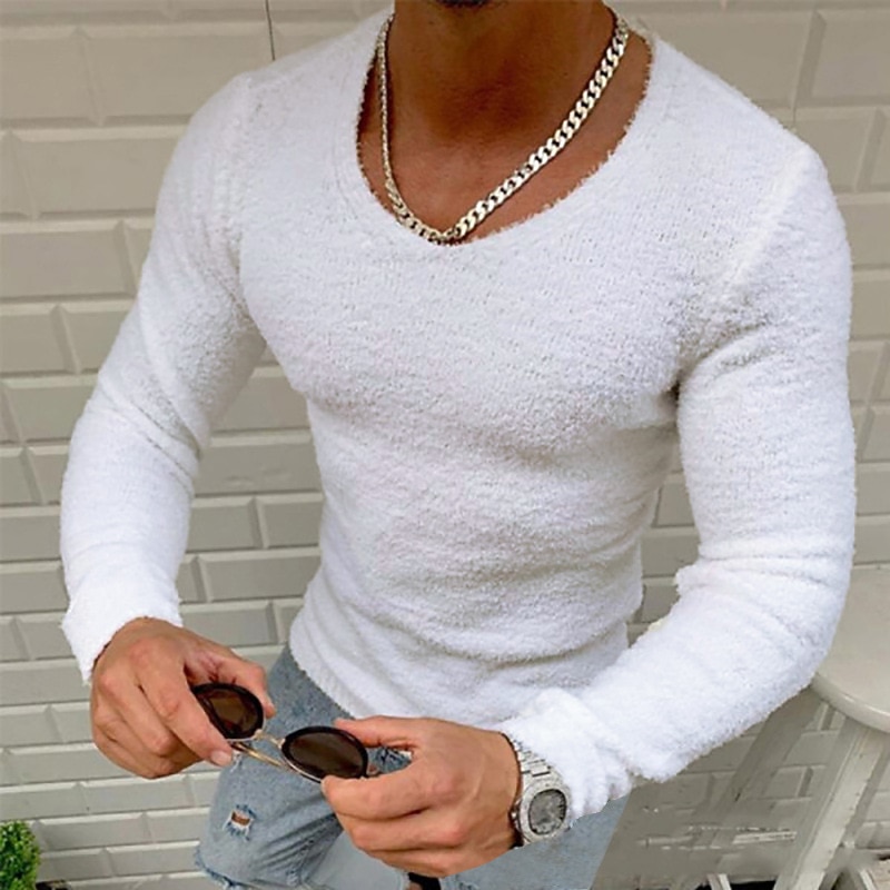 Men's T Shirt Long Sleeve Shirt Long Sleeve V Neck Spring, Fall, Winter, Summer Plain Casual Slim Fit Holiday Outdoor Casual Sports Black White Top Tee for Men2