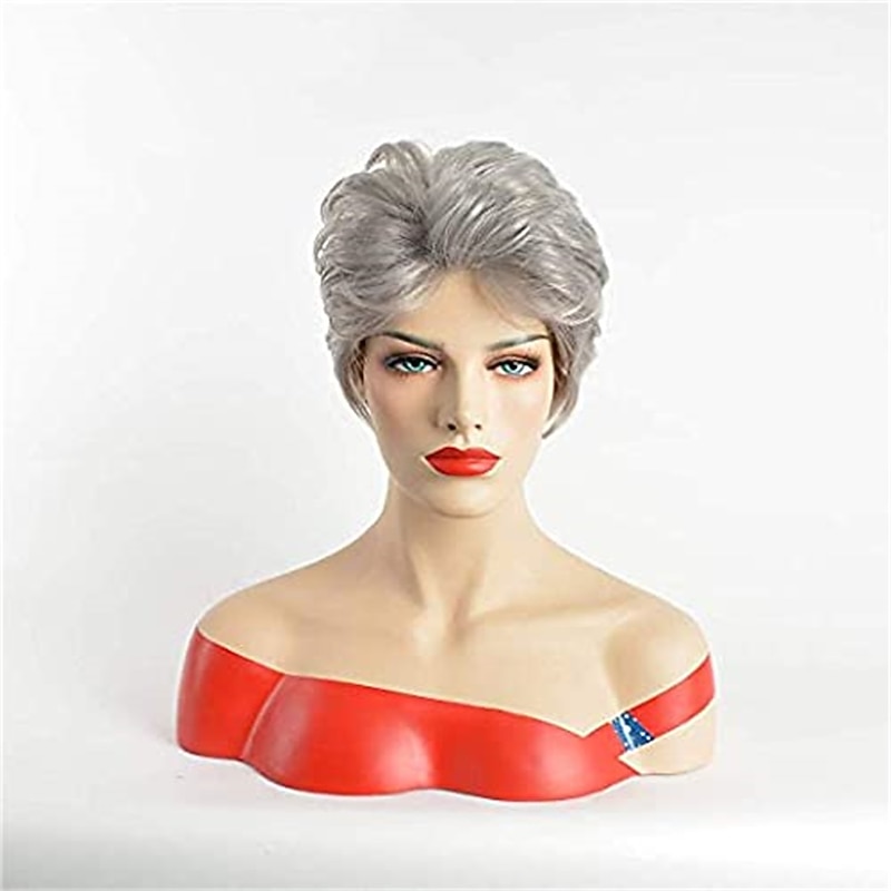 Short Fluffy Curly Wavy Hair Natural Grey Synthetic Wigs With Bangs for Women With Wig Cap 13.3 Inch2