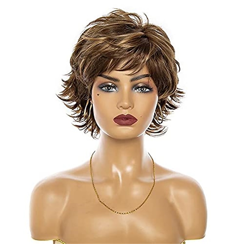 Dark Brown Mixed Blonde Wig Brown with Highlights Pixie Cut Wigs for White Women with Bangs Short Wavy Synthetic Wig Natural Real Hair Christmas Party Wigs3