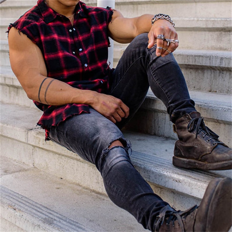 Men's Shirt Summer Shirt Plaid Shirt Button Up Shirt Checked Shirts Yellow Red Blue Sleeveless Plaid / Check Turndown Outdoor Street Button-Down Clothing Apparel Fashion Casual Breathable Comfortable2